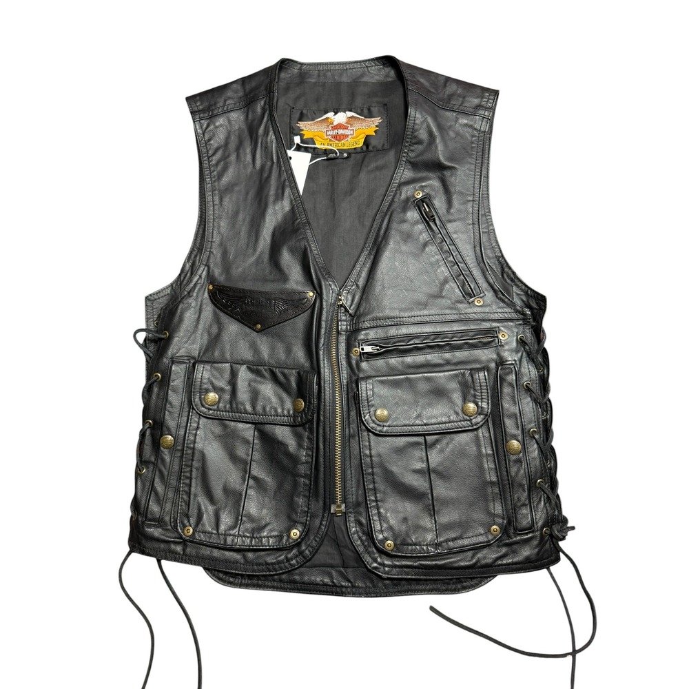 Harley-Davidson Vintage Leather Motorcycle Vest Side Lace Black Small